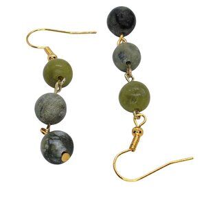 Green stone earrings serpentine handmade gold tone earwires